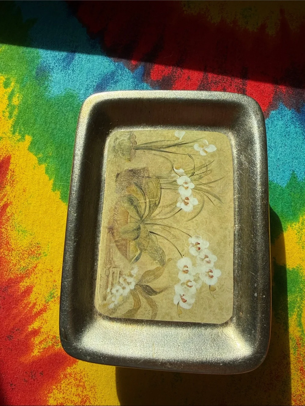 Orchid Motif burnished silver soap Vanity Tray - Decorative Home Bath Organizer